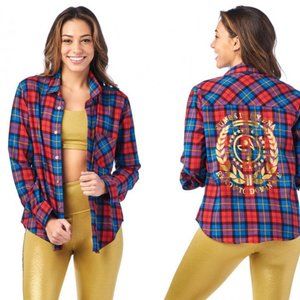 Zumba Ready to Dominate Flannel in Red and Blue, new in package Spicy (S)